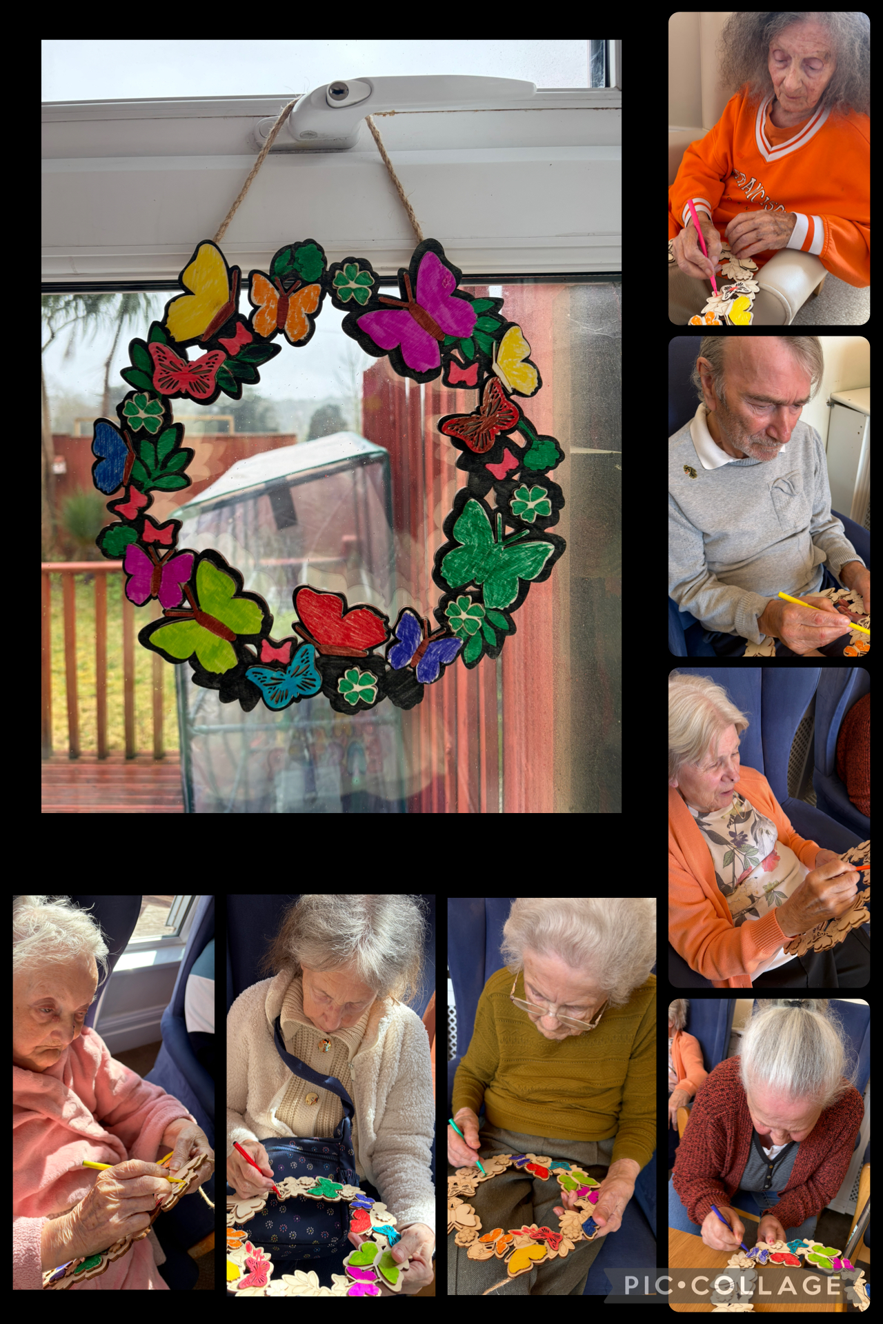 Collage featuring finished wreath with smaller pictures of residents colouring it in with felt tip pens