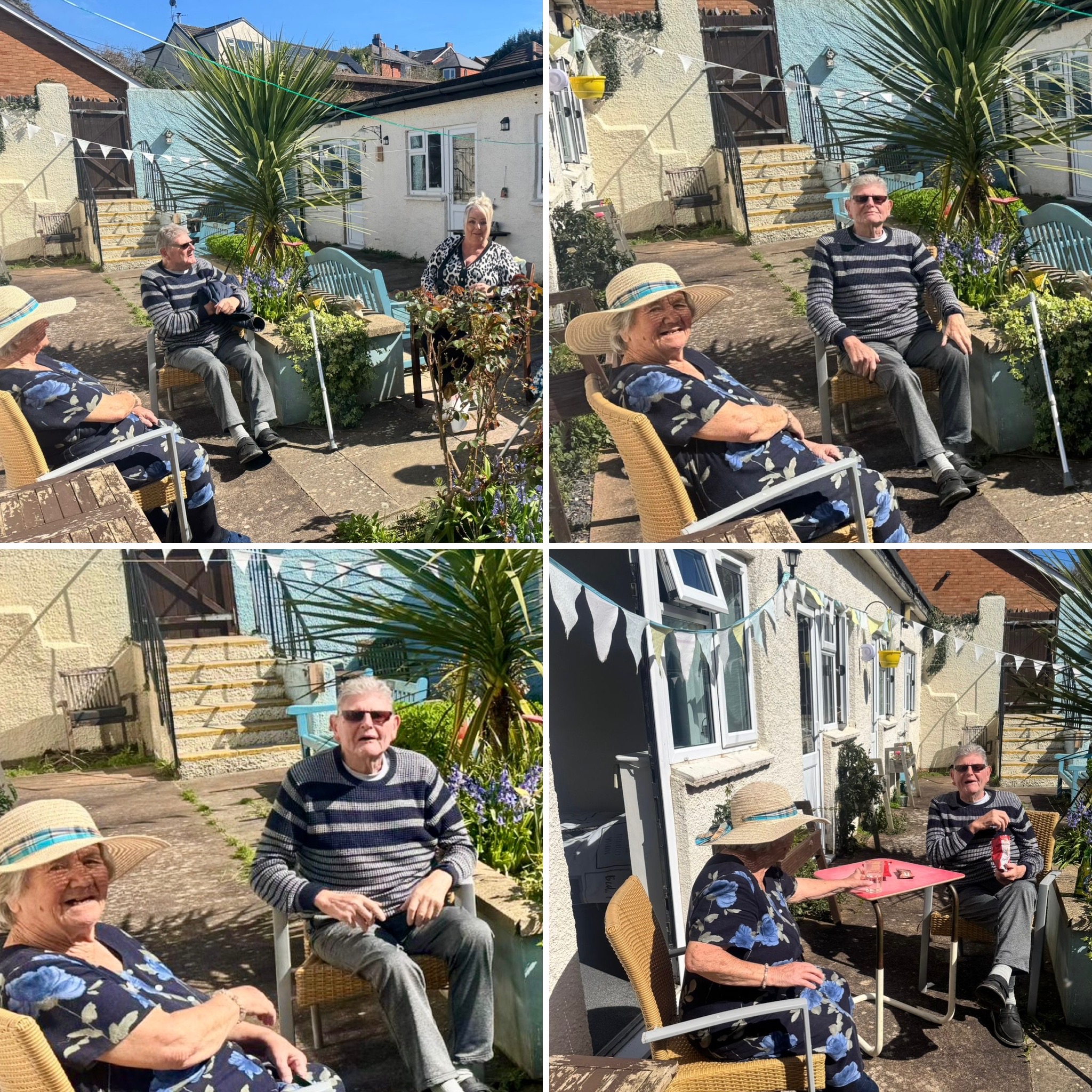 Collage of two residents seated together in the garden talking and enjoying refreshments