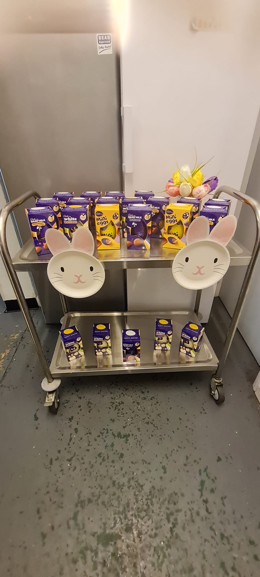 Easter eggs on a trolley decorated with Easter bunnies
