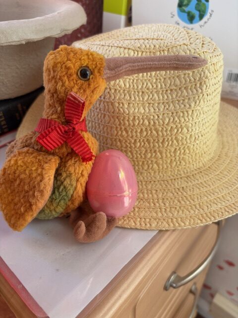 Pink egg hidden between a straw hat and a soft toy kiwi bird rotated