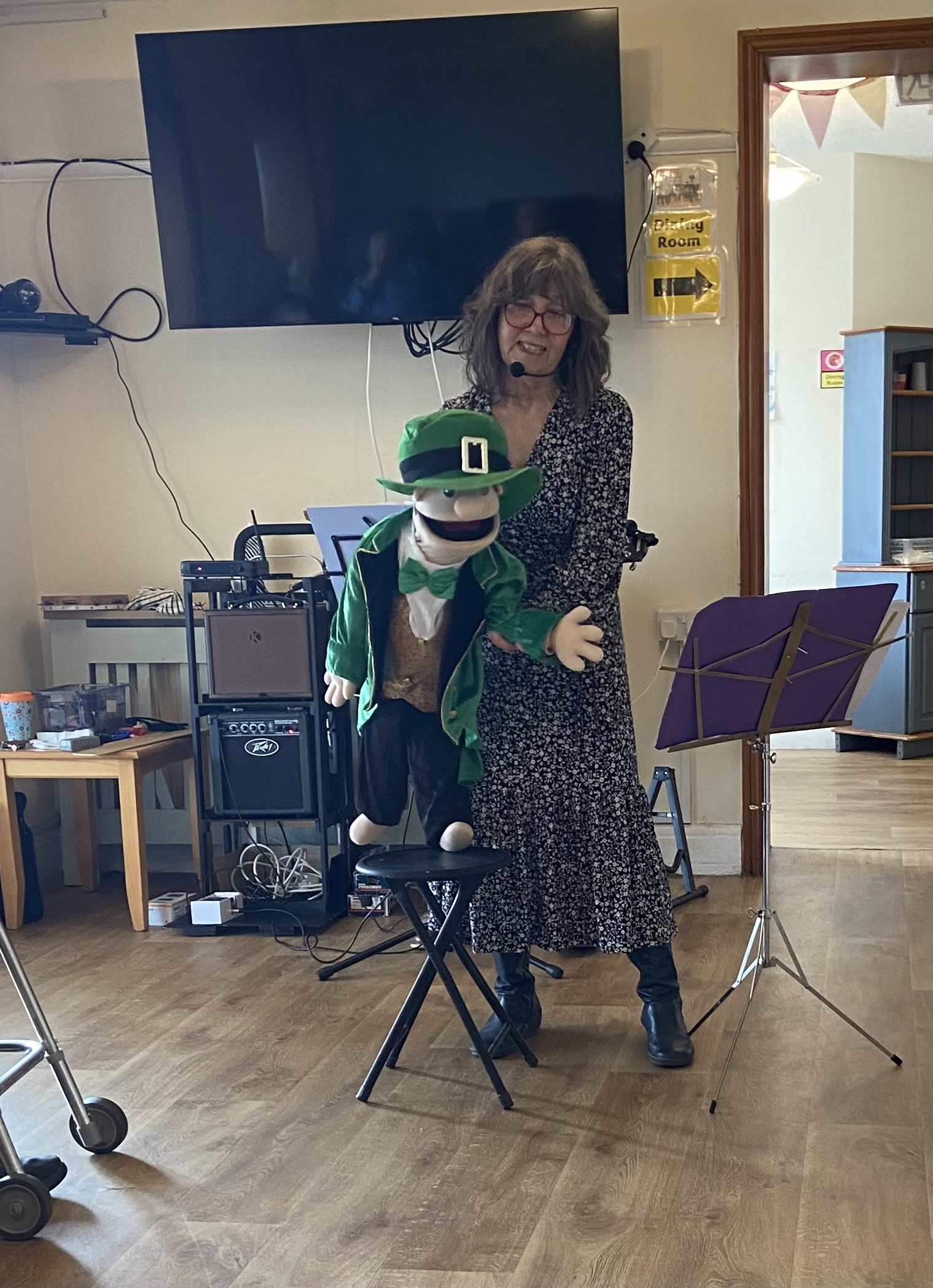 Seamus puppet with Glenis puppeteer celebrating St Patricks Day