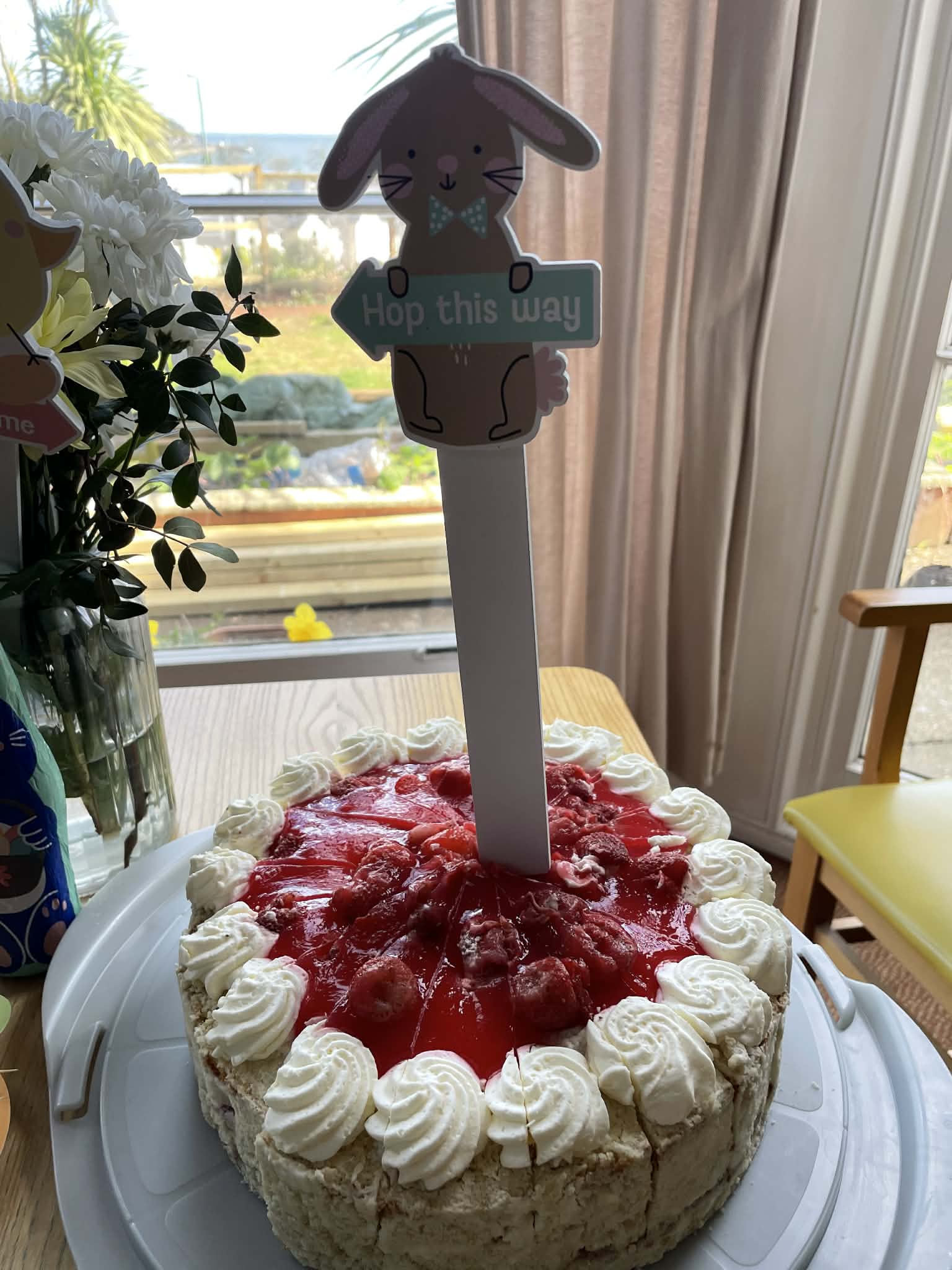 Strawberry gateaux with Easter bunny decoration