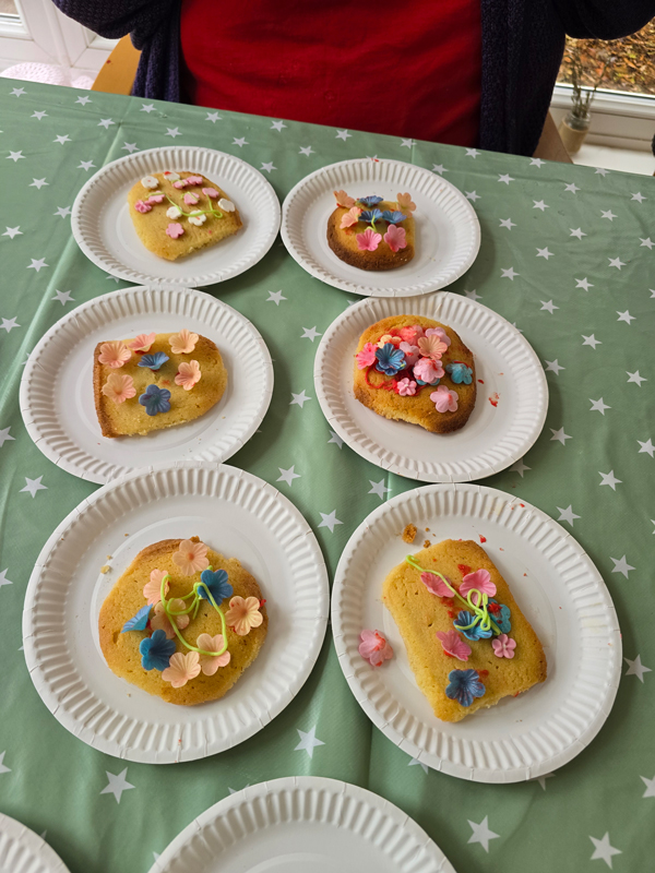 6 plates with a biscuit per plate decorated with pink and purple icing flowers and green piping icing