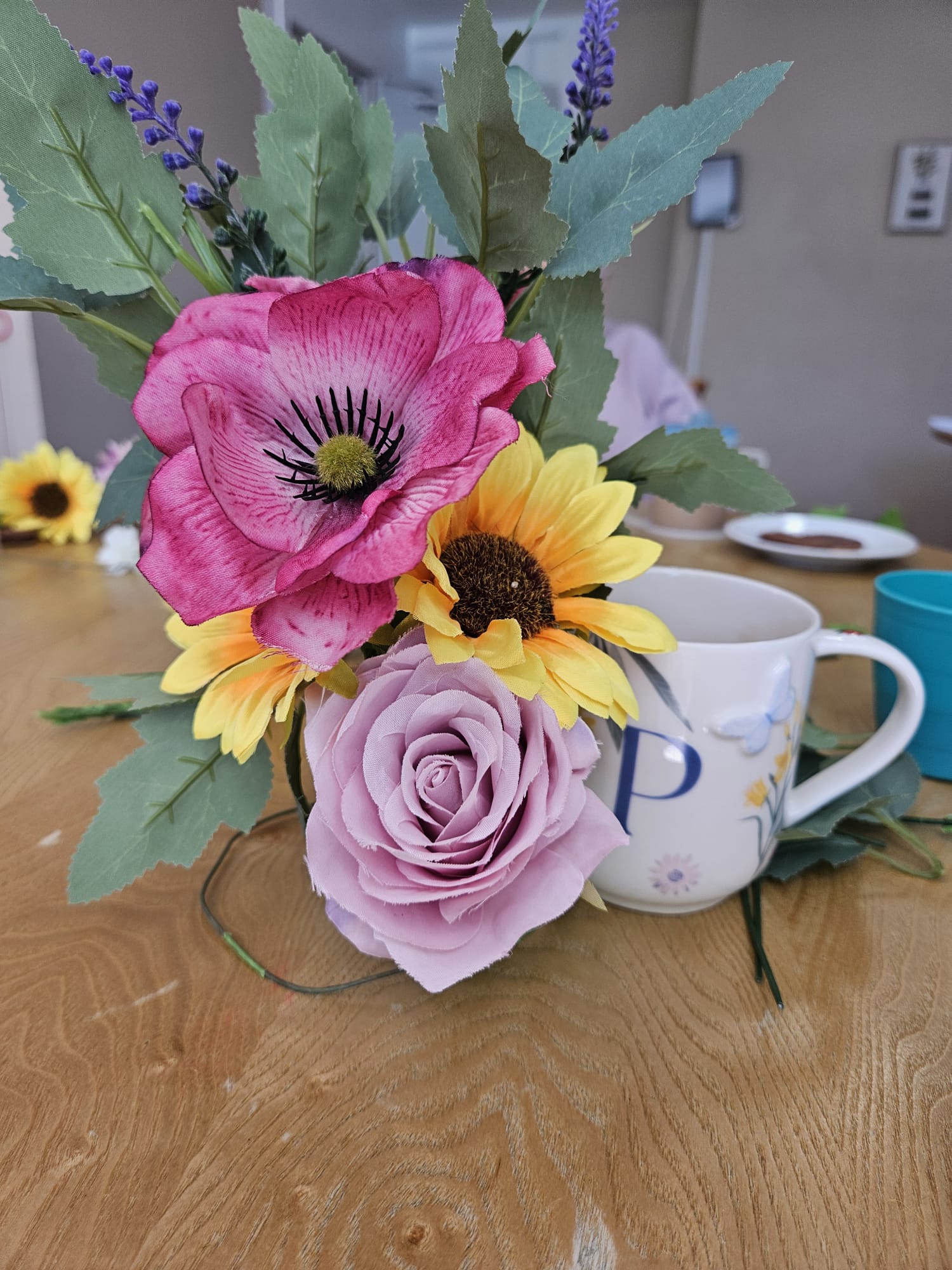 Close up of Pats finished flower arrangement 