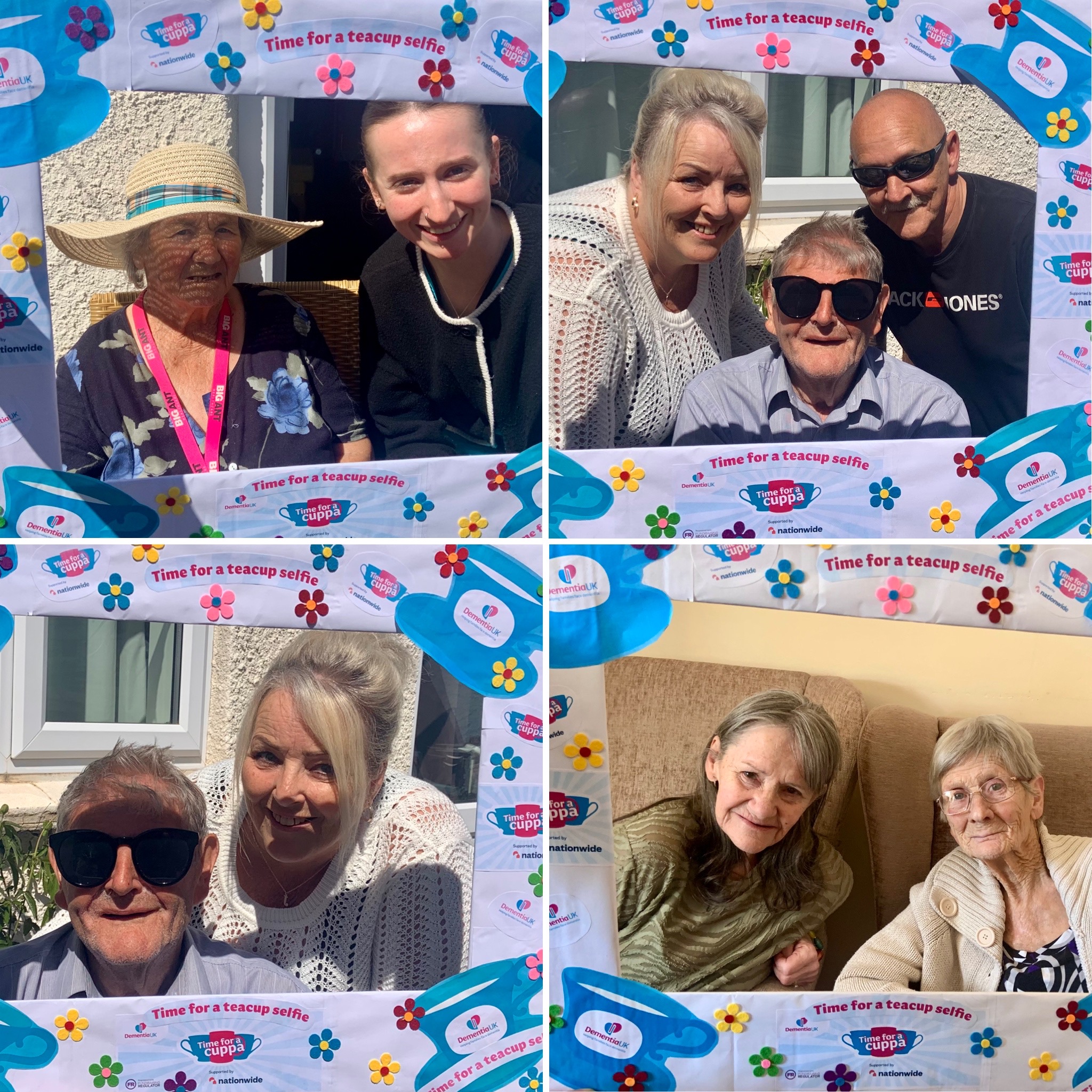 Collage of 4 photos of residents and family holding a Time for a Cuppa picture frame in front of them