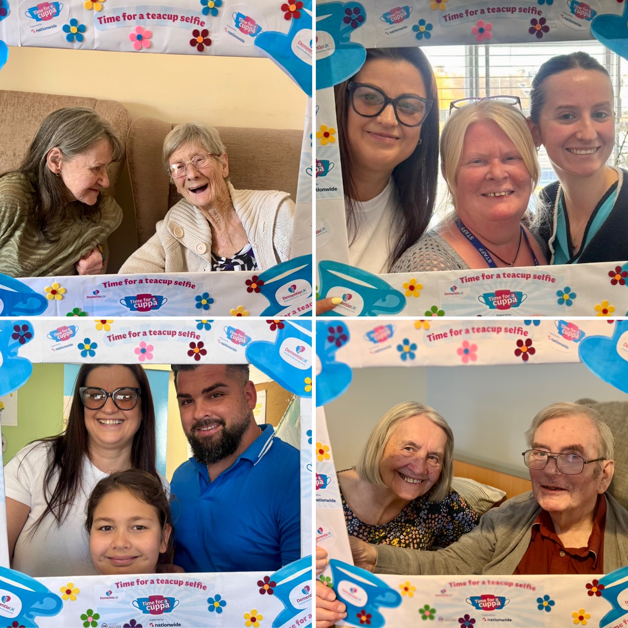 Collage of 4 photos of residents staff and family holding a Time for a Cuppa picture frame in front of them