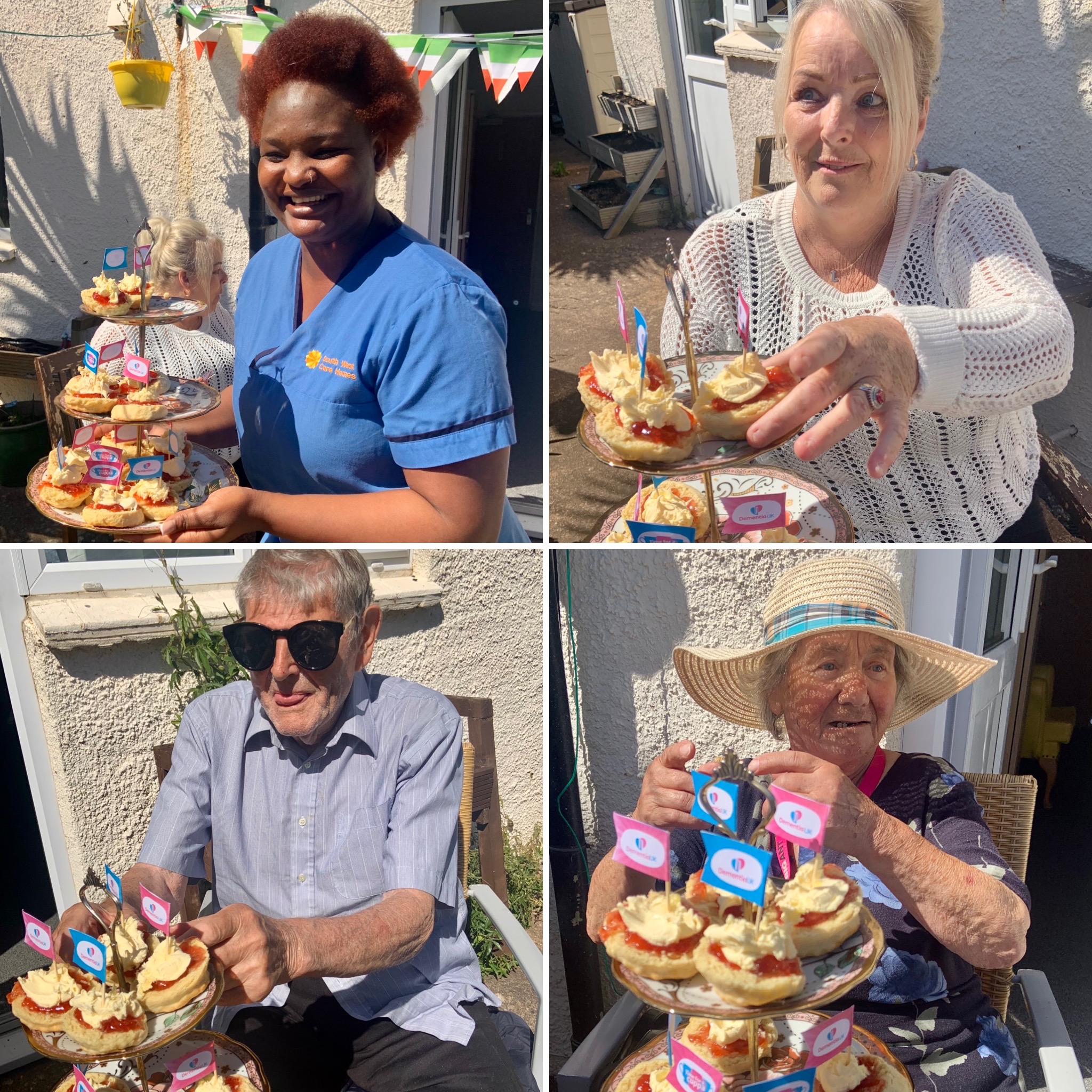 Collage of photos of residents and carers with jam and cream scones