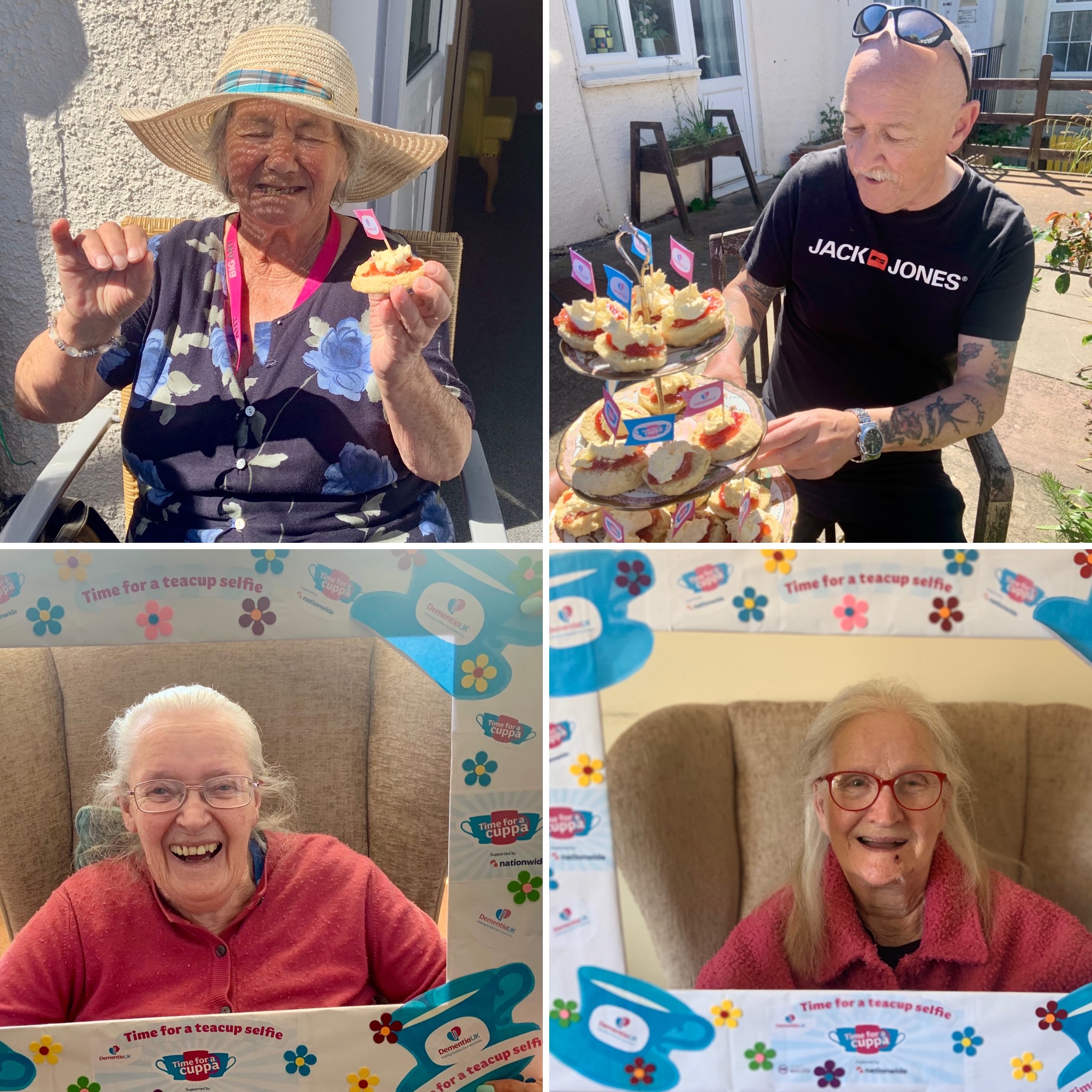 Collage of photos of residents enjoying a cream tea and picture frame smiles
