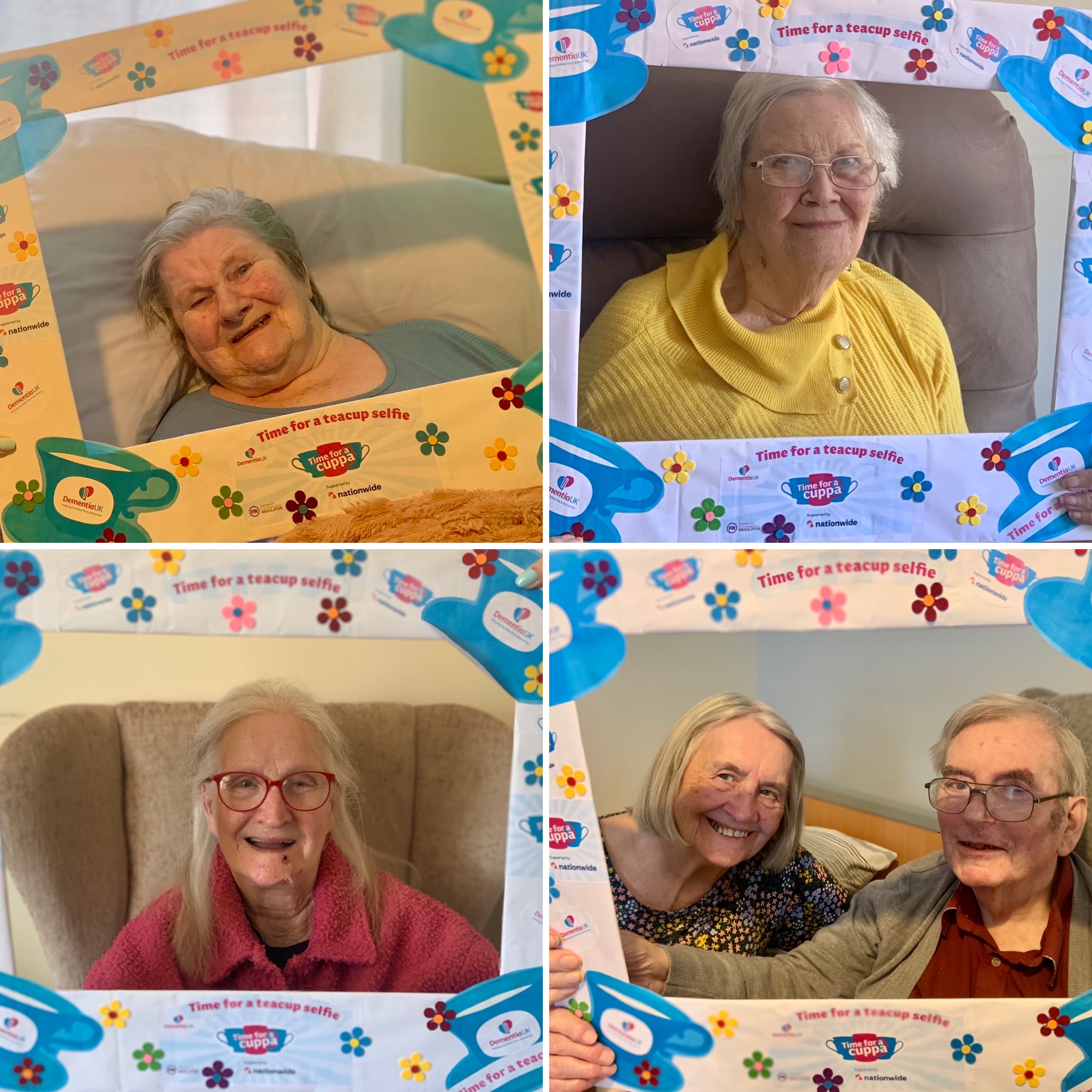 Collage of photos of residents holding a Time for a Cuppa picture frame in front of them