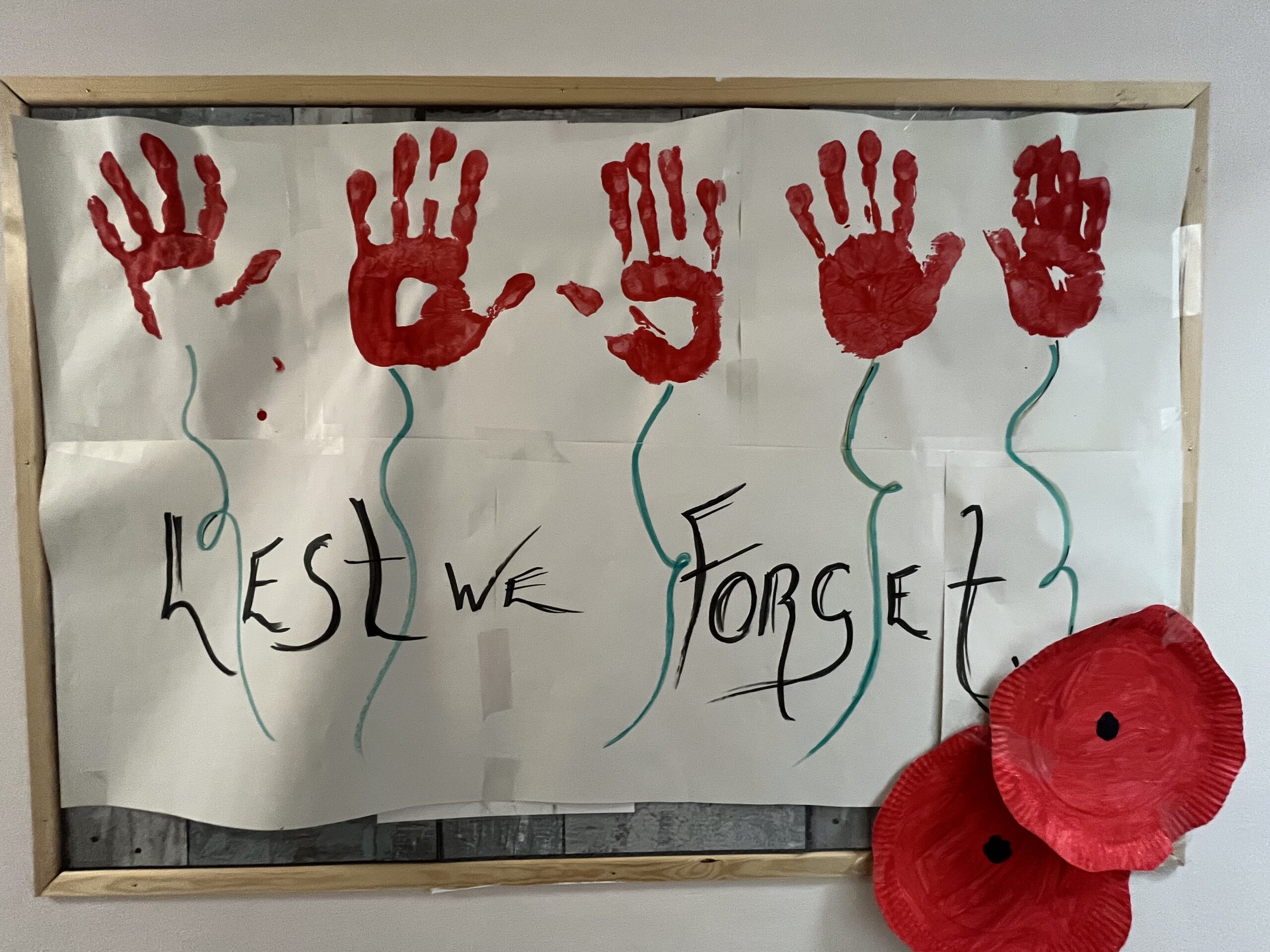 Finished artwork with hand prints with Lest We Forget title scaled