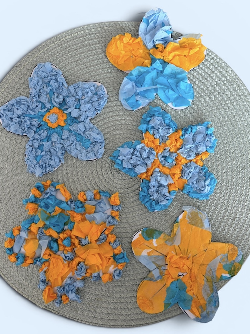 Finished blue and orange tissue paper flowers