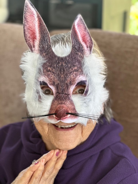 Guess who Female resident wearing a hare mask with whiskers 