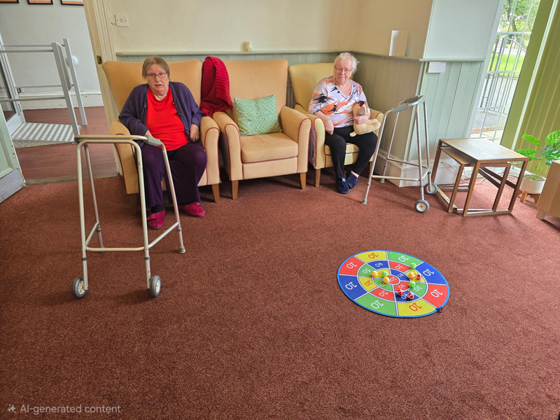 Marcia and Jane seated smiling with numbered mat on the floor