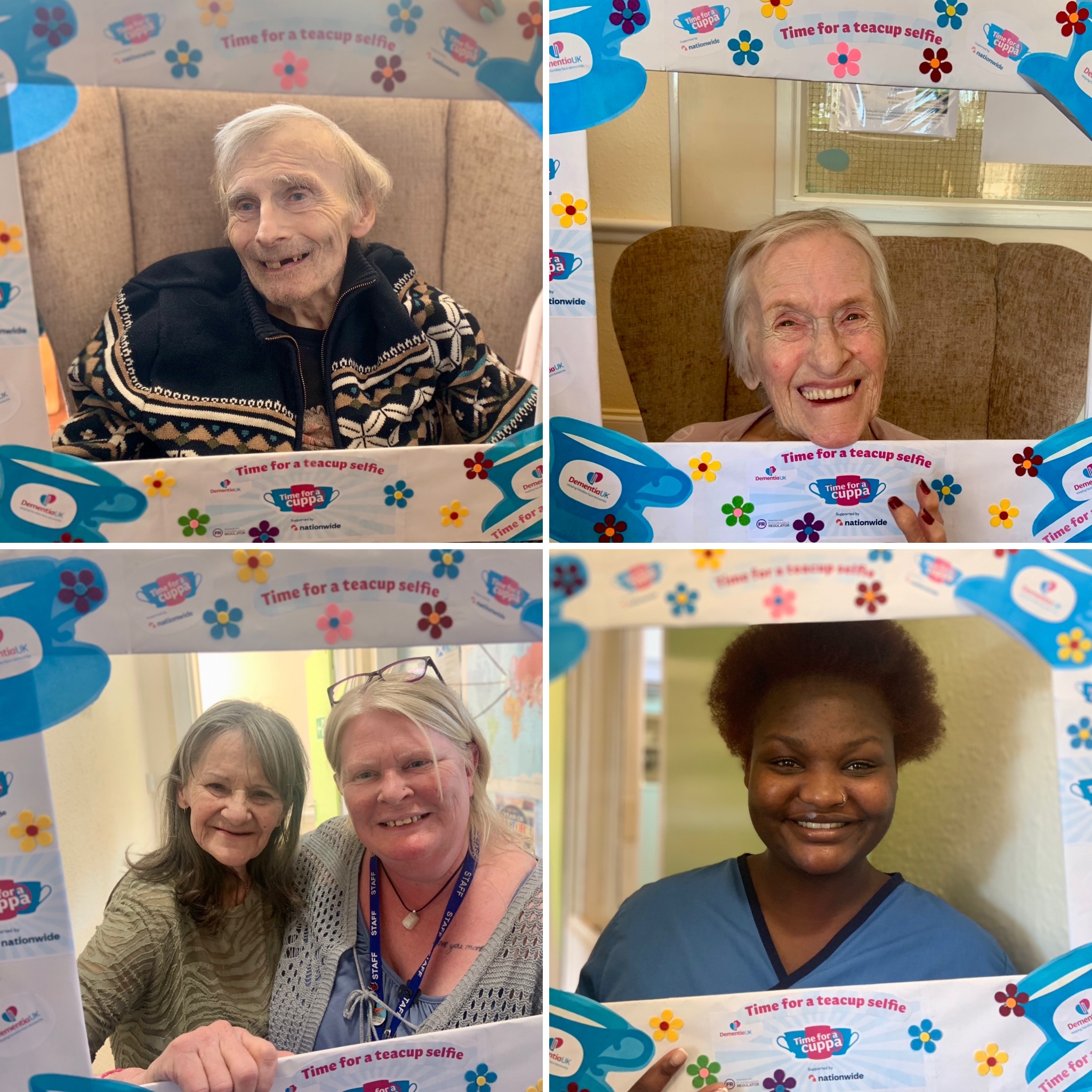 More pictures of staff and residents holding up the Time for a Cuppa picture frame
