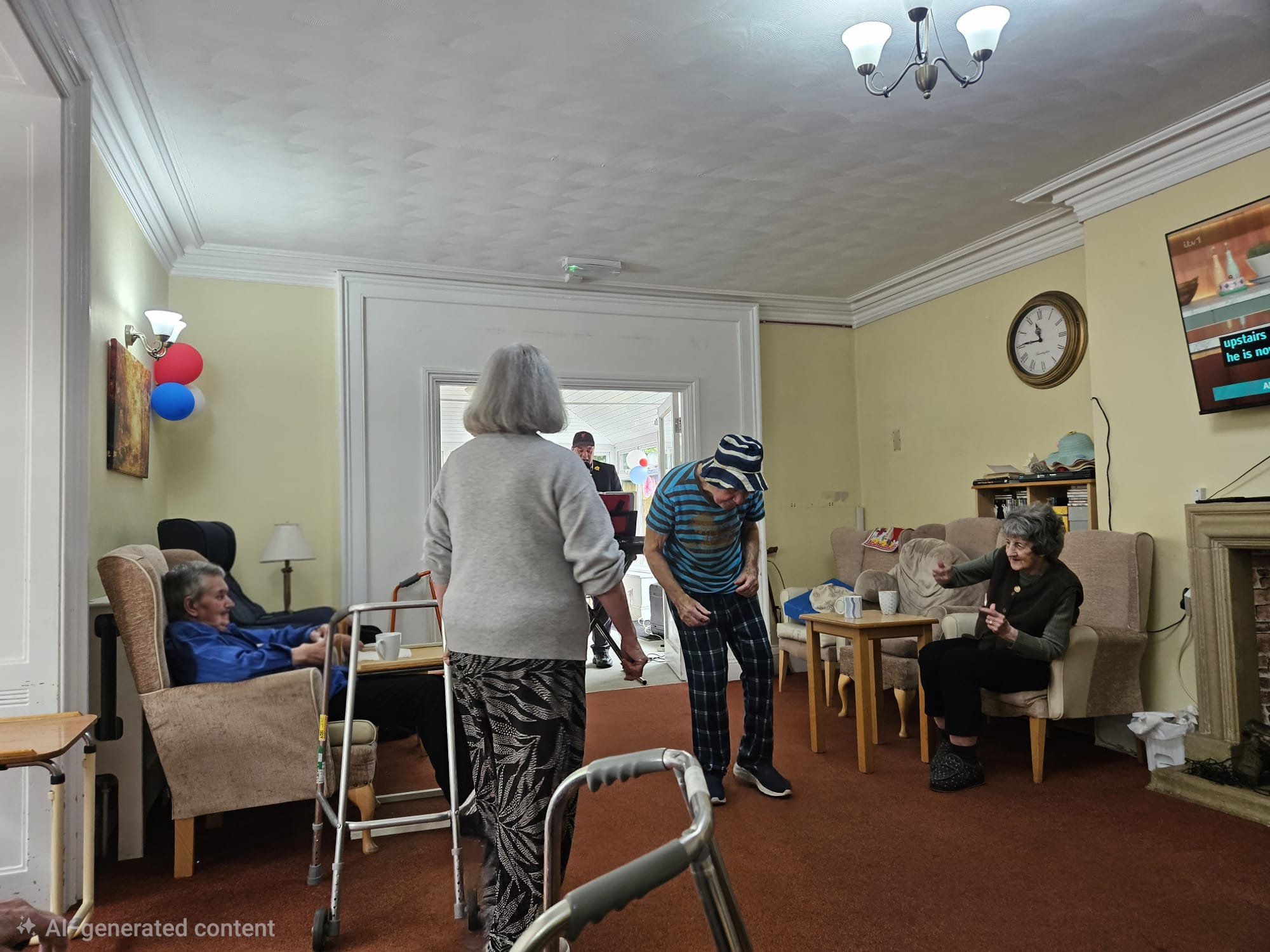 Neil on a keyboard with a male resident dancing and a seated female resident swinging her arms