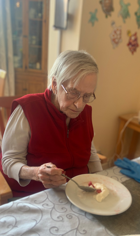 Resident tucking into one of the pavlovas